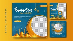 Set of social media template elegant luxury ramadan kareem with mosque, cescent moon and stars