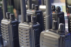 Portable radio transceiver sets for professionals or personal usage. Portable walkie talkie. Communication icon.