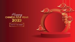 Happy new year 2023, Chinese new year, Year of the Rabbit, 3d podium art Chinese new year, OMid Autumn Festival.