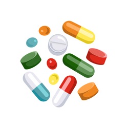 Tablets of different colors and shapes. Icons of pills, capsules isolated on white background. Vector illustration of medical drugs in cartoon simple flat style.