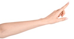 Female caucasian hands  isolated white background showing  gesture points finger to something or someone.  woman hands showing different gestures