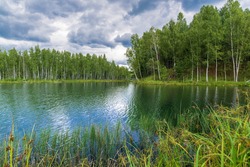 Forest on the shore of the lake. Reflection of the sky and forest in the water. Grass is in the foreground. In the center of the lake islet. Birch grows on the island.