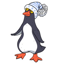 Cute pinguin wearing winter hat, cartoon image. Artistic freehand drawing.