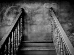 Dark Haunt Worn Stairs with Stalemate / Space for Text / Scary and Mysterious Concept for Halloween Background Theme