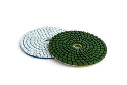 White and green diamond flexible abrasive discs for grinding machine on white background.