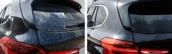Modern black automobile before and after car washing outdoor.