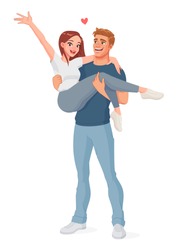 Loving man is carrying his woman. Happy smiling joyful couple. Cartoon vector illustration isolated on white background.