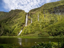 The various waterfalls that feed the fabulous well of Ribeira do Ferreiro, in the foreground some flowers. The green of the dense vegetation dominates the panorama.
Flores Island, Portugal.