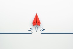 Concept of overcoming barriers, goal, target with red paper plane breaking through obstacle on white background