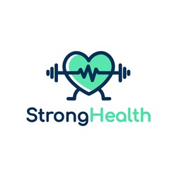 Strong health vector logo template. This design use love, heart, hand, barbell symbol.