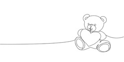 Teddy bear with heart continuous line drawing. One line art of decoration,gift, bear, toy, stuffed toy, Valentine s day, March 8, birthday, romance, gift, relationship, love.