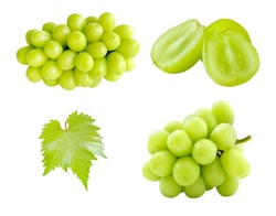 Set of cutout fresh Shine Muscat grape and leaf isolated on white background