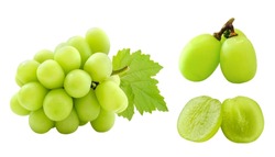 Set of cutout fresh Shine Muscat grape bunch, whole and cut, isolated on white background