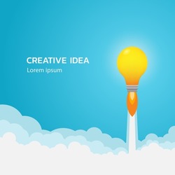 Start up Business,Business idea concept, Vector of light bulb rocket flying up over clouds, Innovation concept.