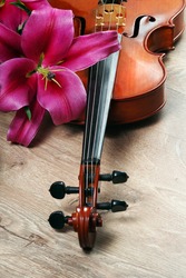violin and lily flowers on a wooden background