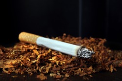 Cigarette. Cigarette and tobacco leaves on black close-up. Selective focus. Bad habits