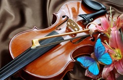 violin, blue butterfly morpho and pink lily flowers on silk background