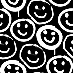 Vector seamless patterns. Trendy endless unique wallpaper with design elements. Graffiti happy emoji sprayed in black and white