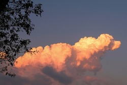 Dog-shaped clouds in the sun's rays turn orange in the evening hours