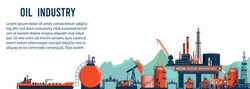 Gas and oil industry extraction platform Banner with Outbuildings, Oil storage tank. Poster Brochure Flyer Design, Vector Illustration EPS10