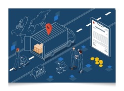 3D isometric Export and Import Business concept with Businessmen handshake and deal business in front of a contract document at industrial container terminal. Vector illustration eps10