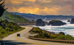 US Highway 101 and ocean sea stacks near the town of Gold Beach on the Oregon coast