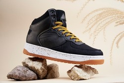 Male boots on beige background. Winter stylish leather shoes on stones with dried plant
