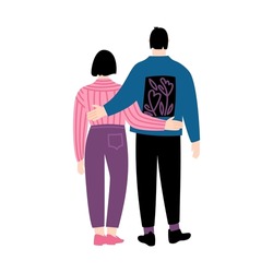 Traditional heterosexual couple back to viewer. Man and woman standing together and hugging. People from behind. Vector flat illustration