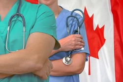 Close-up medical team man and woman surgeons of the Canada flag background. Professional surgery in Canada. Medical technology research institute and doctor staff service concept in Canada