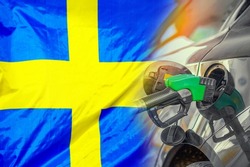 Car with a fuel injector on Sweden flag background. Record prices fuel for population. Gasoline price increase during energy and fuel world crisis in Sweden