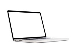 Left side view of Modern slim design laptop with usb and headphone port, blank screen, Aluminum material, isolated on white background with clipping path