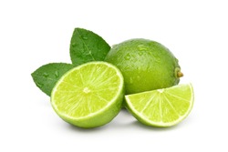 Natural  fresh lime with water drops and sliced, green leaf isolated on white background 