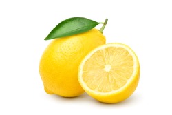 Natural Lemon fruit with cut in half and green leaf isolated on white background. Clipping path.
