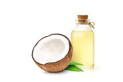Coconut oil with coconut fruits cut in half isolated on white background.