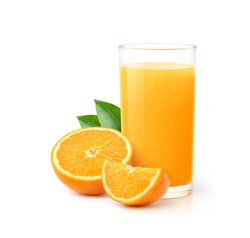 Glass of 100% Orange juice with orange sacs and slices fruits isolate on white background.