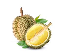 Durian fruit with cut in half and leaves  isolated on white background.