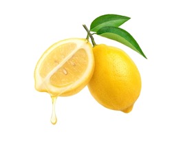 Fresh lemon juice dripping isolated on white background. 