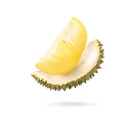Durian pulp levitate isolated on white background. 