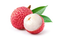 Juicy Lychee with cut in half and leaves  isolated on white background. Clipping path.