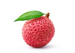 Juicy Lychee with leaf isolated on white background. Clipping path.