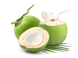Coconut juice with fresh young coconut fruit isolated on white background. 