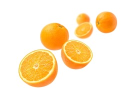 Orange with cut in half levitate isolated on white background.