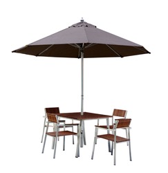 Set of modern chair and table with outdoor patio umbrella, wood and chrome or steel material, isolate on white background with clipping path