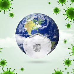 world Corona virus attack concept. world/earth put mask to fight against Corona virus. Concept of fight against virus, danger and public health risk disease.Many Virus attack isolated on green