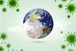 world Corona virus attack concept. world/earth put mask to fight against Corona virus. Concept of fight against virus, danger and public health risk disease.Many Virus attack isolated on green