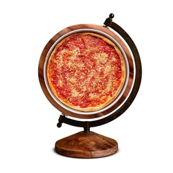 Deep Dish Pizza Day, national Deep Dish Pizza  Day, international Deep Dish Pizza Day, world Deep Dish Pizza Day, plate on top of the globe stand
