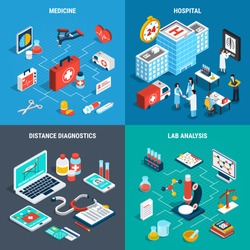Isometric 2x2 design concept with medical analysis and diagnostics equipment isolated on colorful background 3d vector illustration