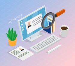 Employment and recruitment resume search for hiring right job candidate isometric composition with magnifying glass vector illustration 