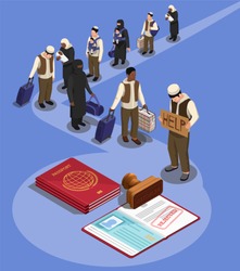 Stateless refugees asylum icons isometric composition with characters of displaced persons and rejected visa in passport vector illustration