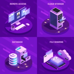 Cloud office glow isometric icons 2x2 design concept with images of desktop computers servers and pictograms vector illustration